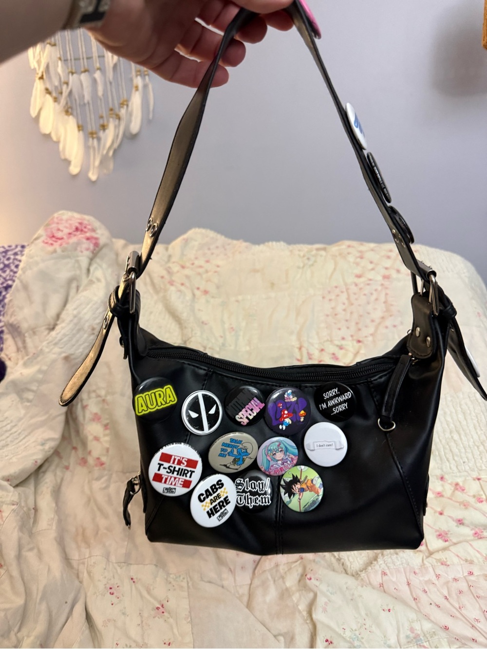 Black Mini Shoulder Bag with Decorative Pins